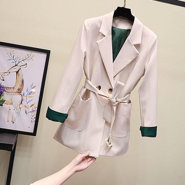 

belt korean slim office lady blazer jacket vintage hit color patchwork outerwear spring new vogue pockets coats black beige f7031, White;black