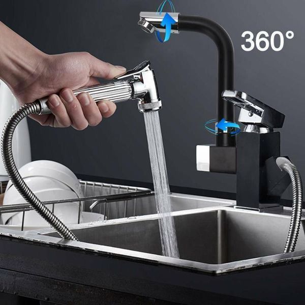 

Kitchen Sink Mixer Taps 360 Degrees Rotating Spout With 2 Hoses Pull Out Faucet Flexible Kitchen Rotatable Faucets