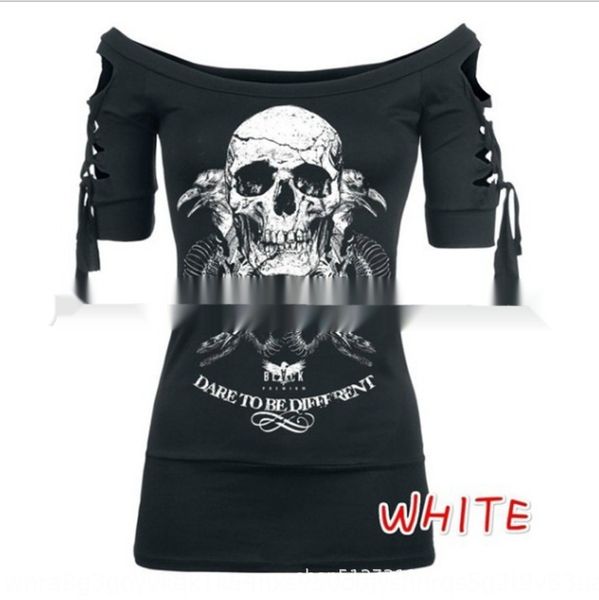 

2020 women's street personality skull burning flower hole slim short sleeve 2020 women's t-shirt street personality skull burning, White