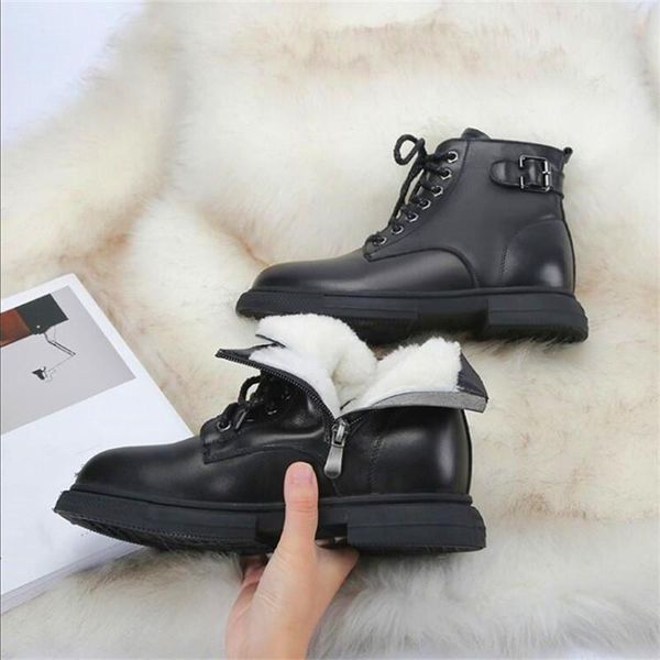 

genuine leather women's high-heeled boots increase thick-soled lamb hair high-heeled boots black winter women's short