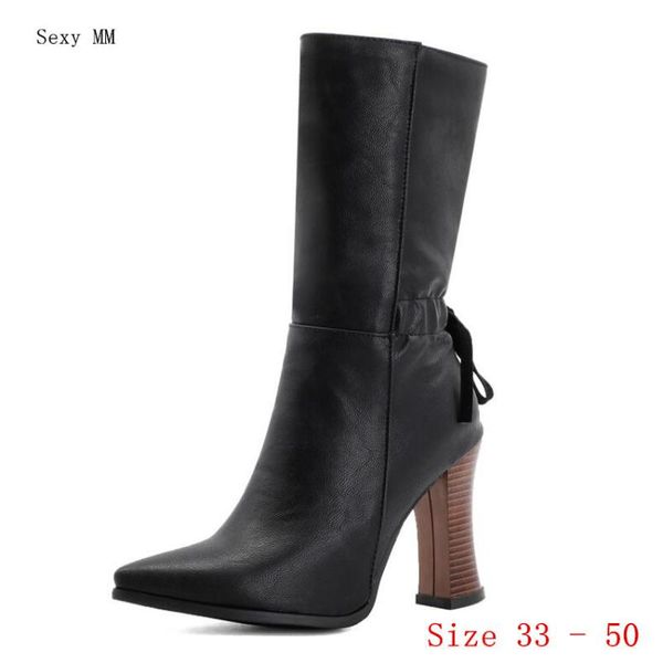 

boots spring autumn high heels women mid calf woman short heel shoes small plus size 33 - 50, Black