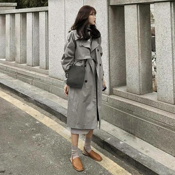 

2020 long trench coat women fashion autumn winter solid belt button lapel elegant shawl windbreaker coat, Tan;black