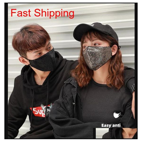 

us stock, fashion bling 3d washable reusable cycling mask pm2.5 face masks sequins shiny face cover mount masks anti-dust mouth lv8po, Black