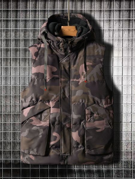 

men camo print drawstring hooded puffer vest coat 857a#, Black;brown