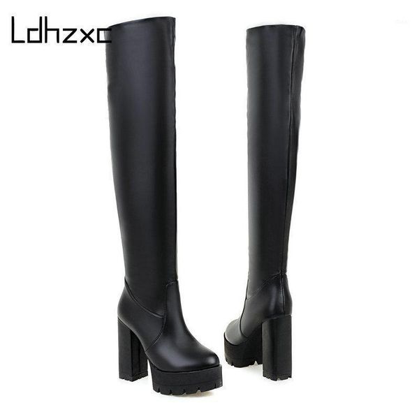 

ldhzxc band designer pu leather women over the knee high boots round toe boots women long platform high heel black1, Black