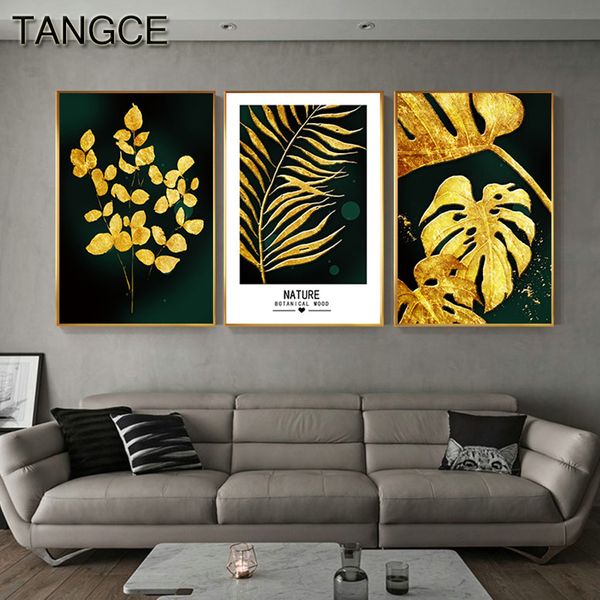 

abstract golden leaf dark green canvas painting modern plant print and poster wall pictures for living room nordic decoration