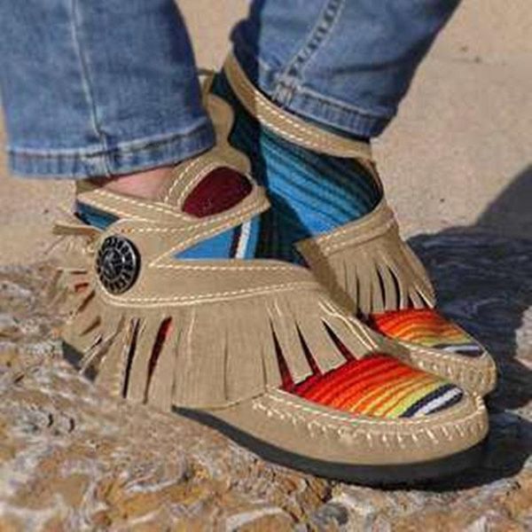 

ethnic style tassel buckle ankle boots women personality mixed color flats booties vintage sewing flock snow bottes female shoes, Black