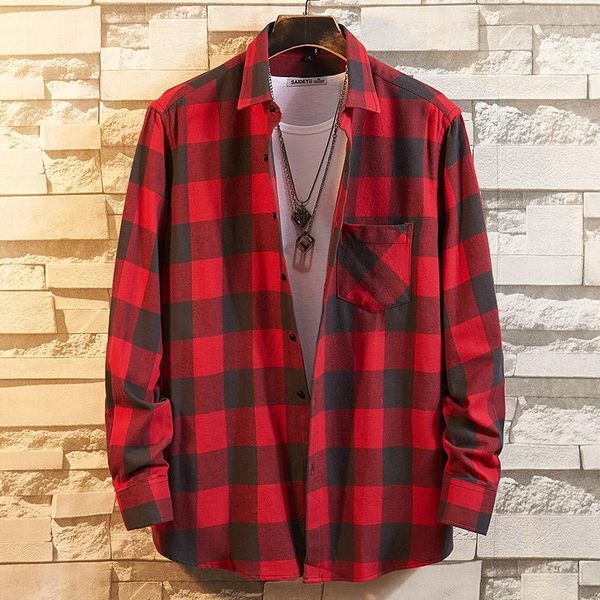 

men's fashion outdoor plaid brushed flannel shirts single pocket long sleeve slim fit youthful casual checkered cotton shirt new1, White;black