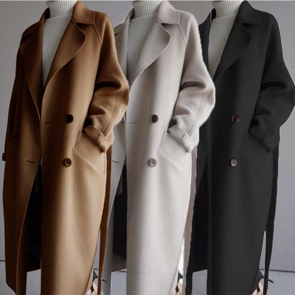 Mulheres casaco de inverno das mulheres largas lapela cinto bolso lã mistura casacos oversize longo trench outwear mulher moda casaco jaqueta nova