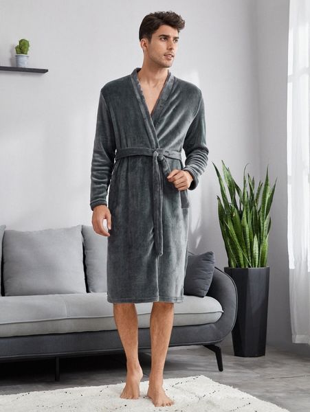 

men solid belted flannel robe e8o7#, Black;brown