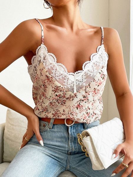 

allover floral print lace trimed cami r3cj#, White