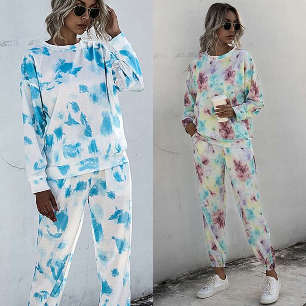

round neck leisure fashion home 2020 sports tie dye tapered long sleeve sweater suit for women, Gray