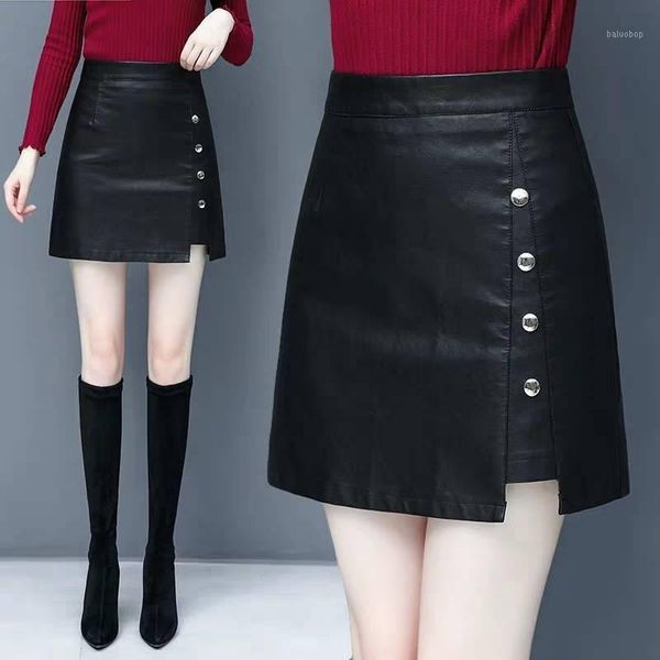 

women's leather skirts solid black package hip skirt woman 2021 winter office uniform empire split skirt plus size skirts1
