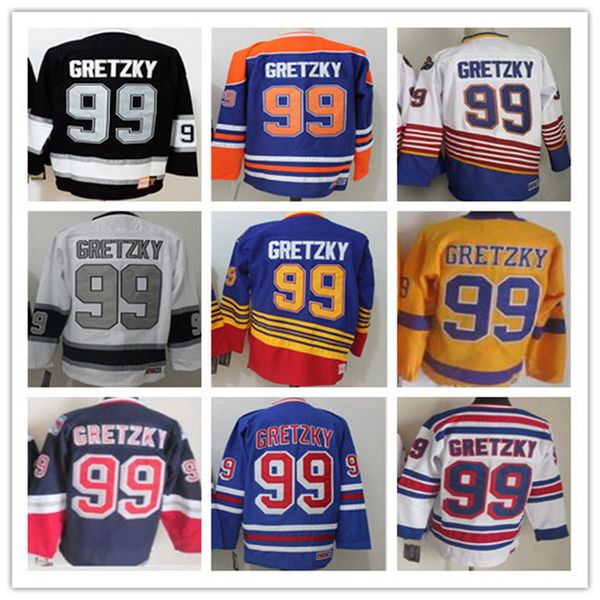 CCM Men 99 Wayne Gretzky Jerseys Hockey Reverse Retro Retire Vintage Azul Branco Preto Amarelo Laranja Esporte Uniforme Costurado