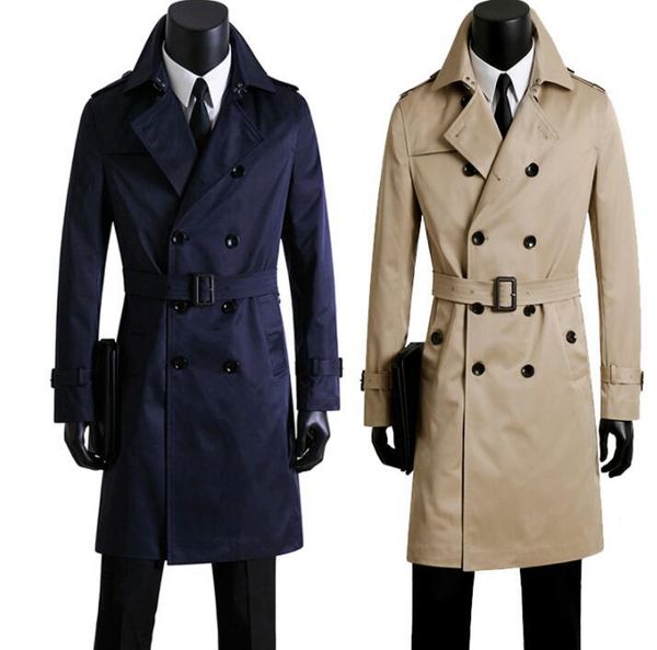 

men's trench coats mens blue khaki spring autumn man double breasted long coat men clothes 9xl slim fit overcoat sleeve, Tan;black