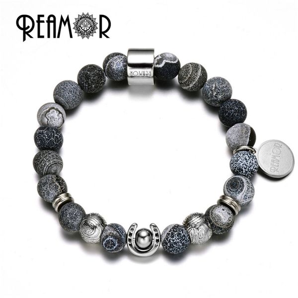 

reamor stainless steel lucky horsesshoe beads match natural wheathring black onyx strand beads stretch bracelets for men jewelry y200107, Golden;silver