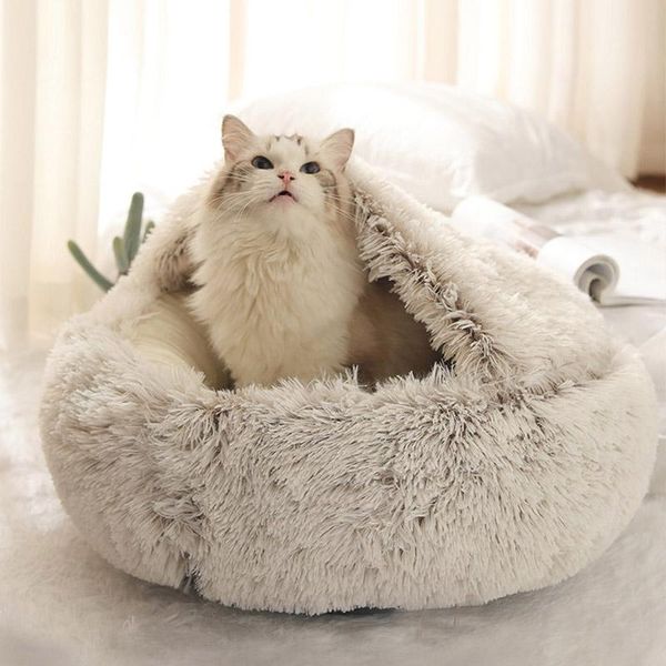 

2021 winter new pet bed round plush cat warm house with quilt soft bed for small dogs 2 in 1 waterproof cute cat nest