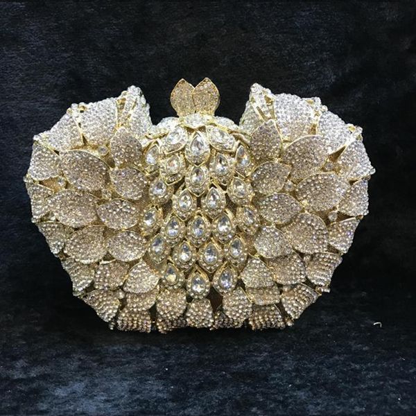 

hollow out flower messenger crossbody bag women crystal clutch evening handbags metal hardcase floral wedding bags