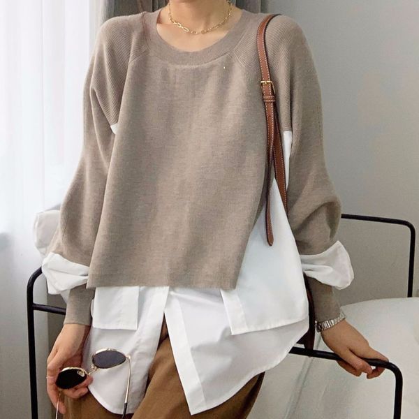 

ewq] 2020 winter women casual round neck loose soft minimalist panelled patchwork black long sleeve pullover knit sweater 8q647 h1211, White;black
