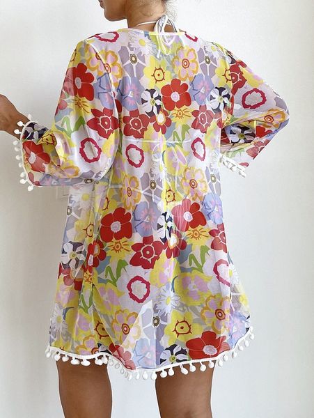 

floral print pom-pom decor kimono k6ij#, White;black