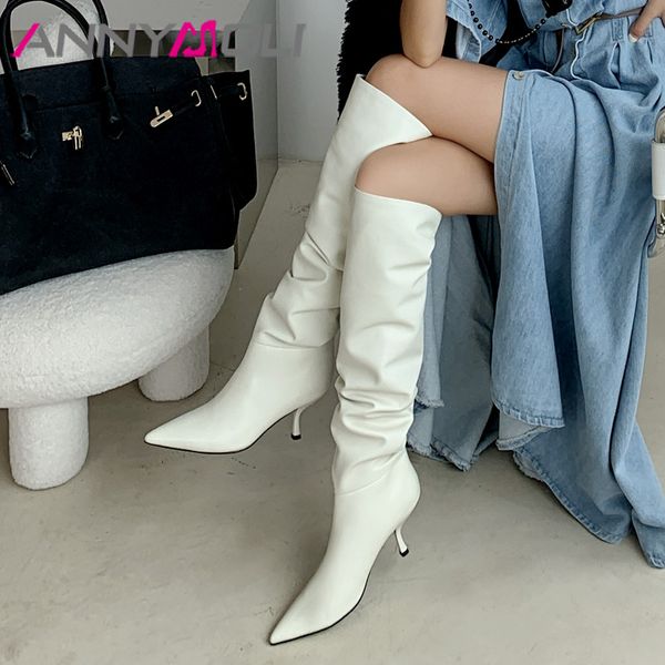 

annymoli pleated real leather high heel long boots women shoes pointed toe thin heels fashion knee-high boots ladies beige 40, Black