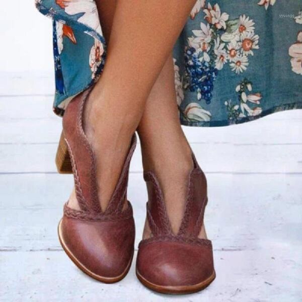 

dress shoes woman chunky high heels pu leather vintage ladies pumps summer hollow out round toe gladiator sandals zapatos mujer1, Black