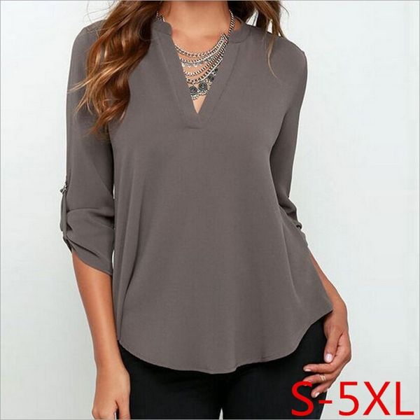 

large women's v-neck long folded sleeve loose chiffon shirt colors 8 siz, White