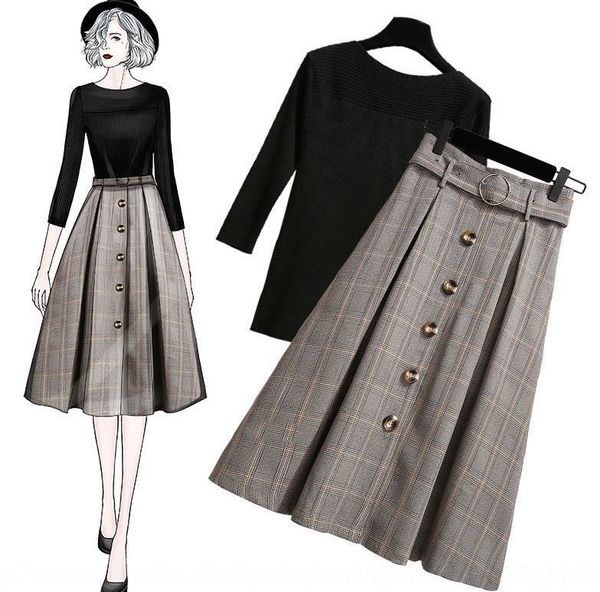 

8yydm early autumn 2020 mid-length new two-piece suit smart smoked for dress grandiflorum platycodon plaid seven-quarter sleeve dress french, Gray