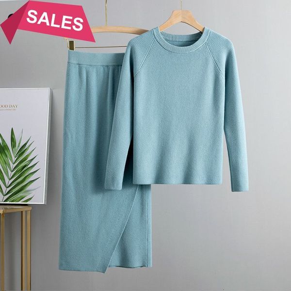 

2021 new basic o neck knitted jumper for women sweater 2 piece sets pullover chic long sleeve thick christmas sweatersuits 6u48, White;black