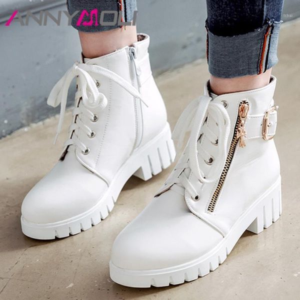

boots annymoli platform med heel motorcycle woman zip block shoes lace up ankle buckle female short winter 431, Black
