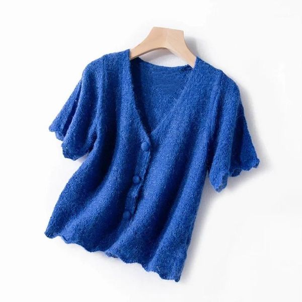 

2020 new summer women knitted sweater shirt single-breasted soft thin v-neck cardigan knitwear short-sleeve, White
