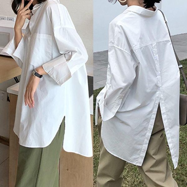

women's blouses & shirts vintage casual long sleeve lapel tunic solid loose blouse celmia 2021 autumn pleated irregular split hem chic, White