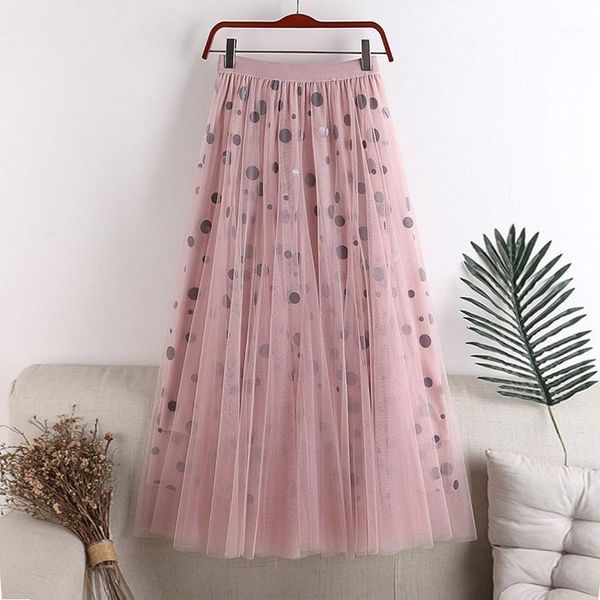 

tulle skirts women 2020 summer polka dot skirt female high waist pleated midi long tutu skirt mesh female pink black1, Black