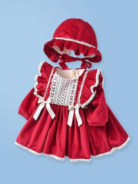 

baby a-line contrast lace ruffle trim bow flounce sleeve dress she, Red;yellow