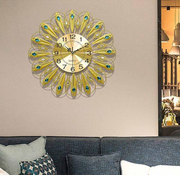 

large 3d vintage iron wall clock diamond peacock retro antique style hanging watch for home living room home wall decoration