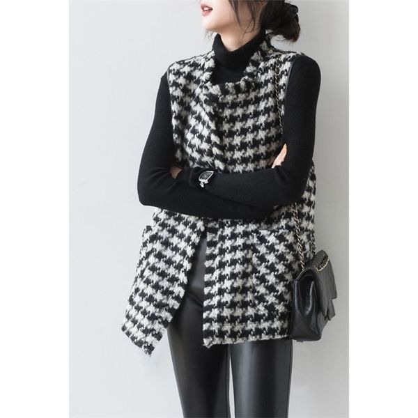 

women's vest summer small thin loose waistcoat plaid ladies fashion cardigan outwear shepherd check tweed vests 201214, Black;white