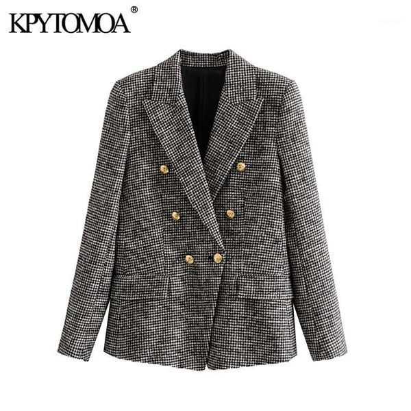 

vintage stylish double breasted houndstooth tweed blazer coat women 2020 fashion long sleeve office wear female outerwear 1, White;black