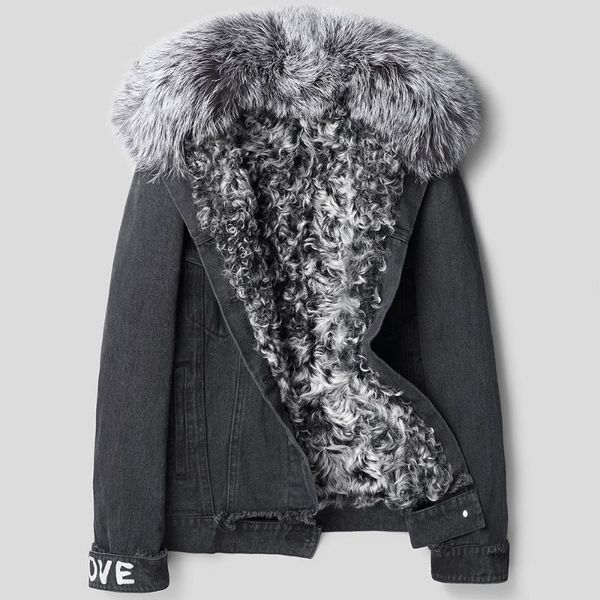 

parka homme real lamb liner denim winter jacket fur collar short parkas streetwear coat f-xd-1803 my1215, Black