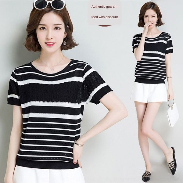 

fld8c coat women's fat mm large summer stripe t-shirt short sleeve hollow out t-shirt oversized loose bottomed q4yro, White