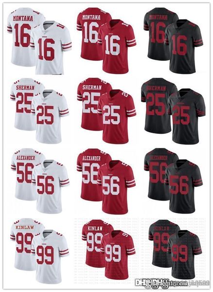 

men women youth san francisco 49ers 16 joe montana 99 javon kinlaw 56 kwon alexander 25 richard sherman football jerseys red, Black;red
