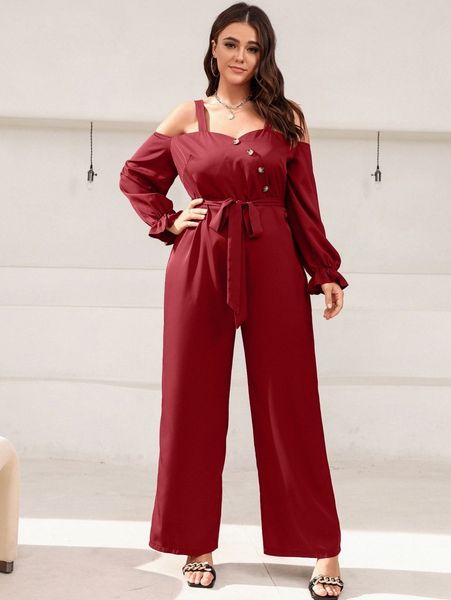 

plus solid cold shoulder button decor belted jumpsuit p8nh#, Black