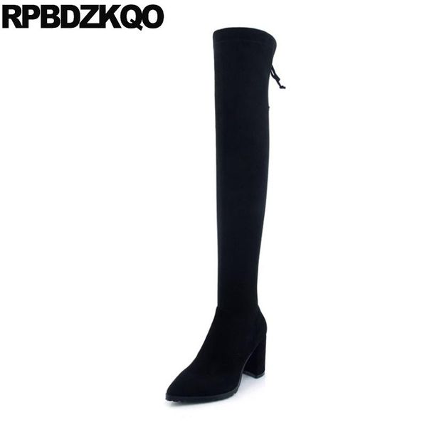 

pearl lace up sheepskin long shoes chunky suede slim thigh women boots over the knee brand high heel autumn pointed toe genuine, Black