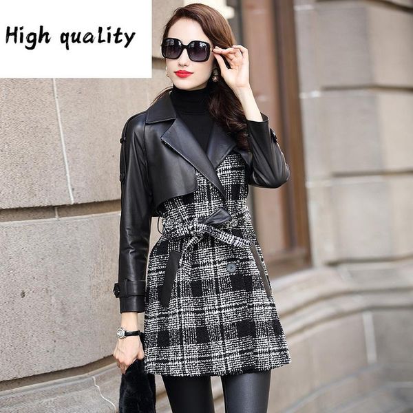 

autumn jacket leather winter women genuine sheepskin coat female tweed woolen coats windbreaker chaqueta mujer my, Black