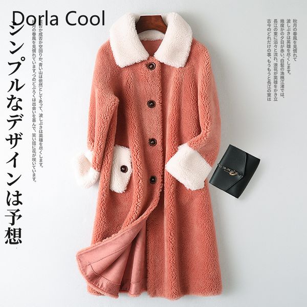 

100% real female sheep's wool long maxi loose fur coats winter thick sliced pockets outerwear fw0d, Black