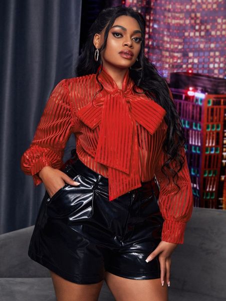 

sxy plus striped tie neck blouse h4wc#, Black