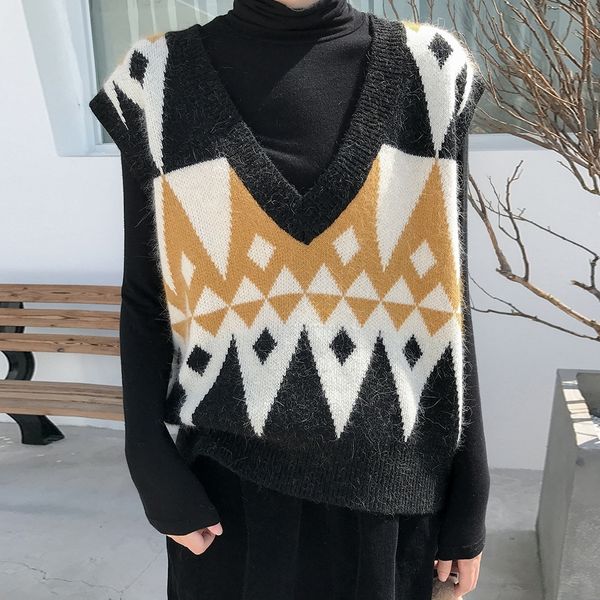 

zur6q иностранного стиль большого v-образный вырез контрастного цвета ромбических top трикотажного жилет без рукавов осени топ женщин свитер, White;black