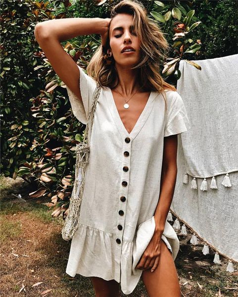 

solid casual mini dress v neck short sleeve ruffle buttons women 2021 new summer dresses cotton white dress female vestidos, Black;gray