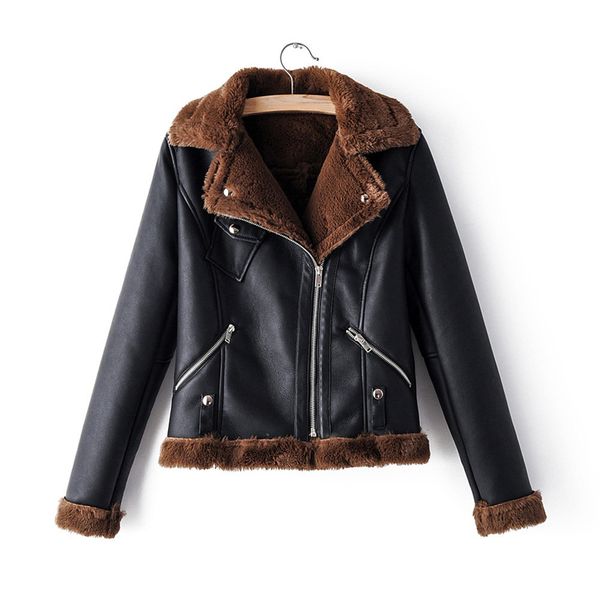 

2021 fashionable lamb wool fur coat nice new lady leather pocket female veneer turn down collar motorcycle fancy wjfr, Black