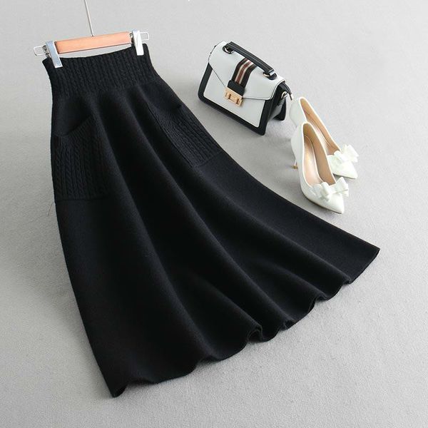 

2021 new fashion high skirt women's knitted wool line fine solid colour soft retro wild y348 8fom, Black