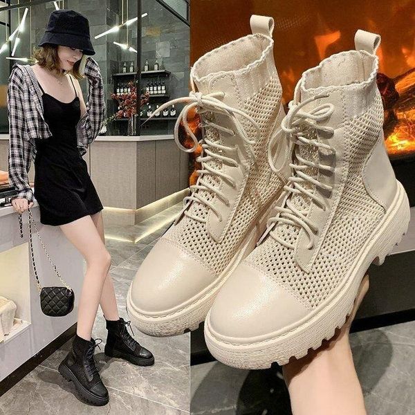 

short boots summer versatile martin boots female summer genuine leather gauze hollow out lady shoes -40, Black